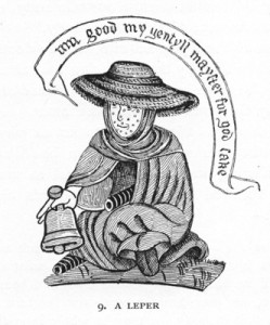  Leper with his warning bell, 14th Century. The Medieval Hospitals of England, Methuen & Co., London. 1909